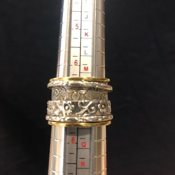 Bicolor Two Tone Engraved Sterling Silver Spinner Ring 7-1/4 - Picture 3 of 6